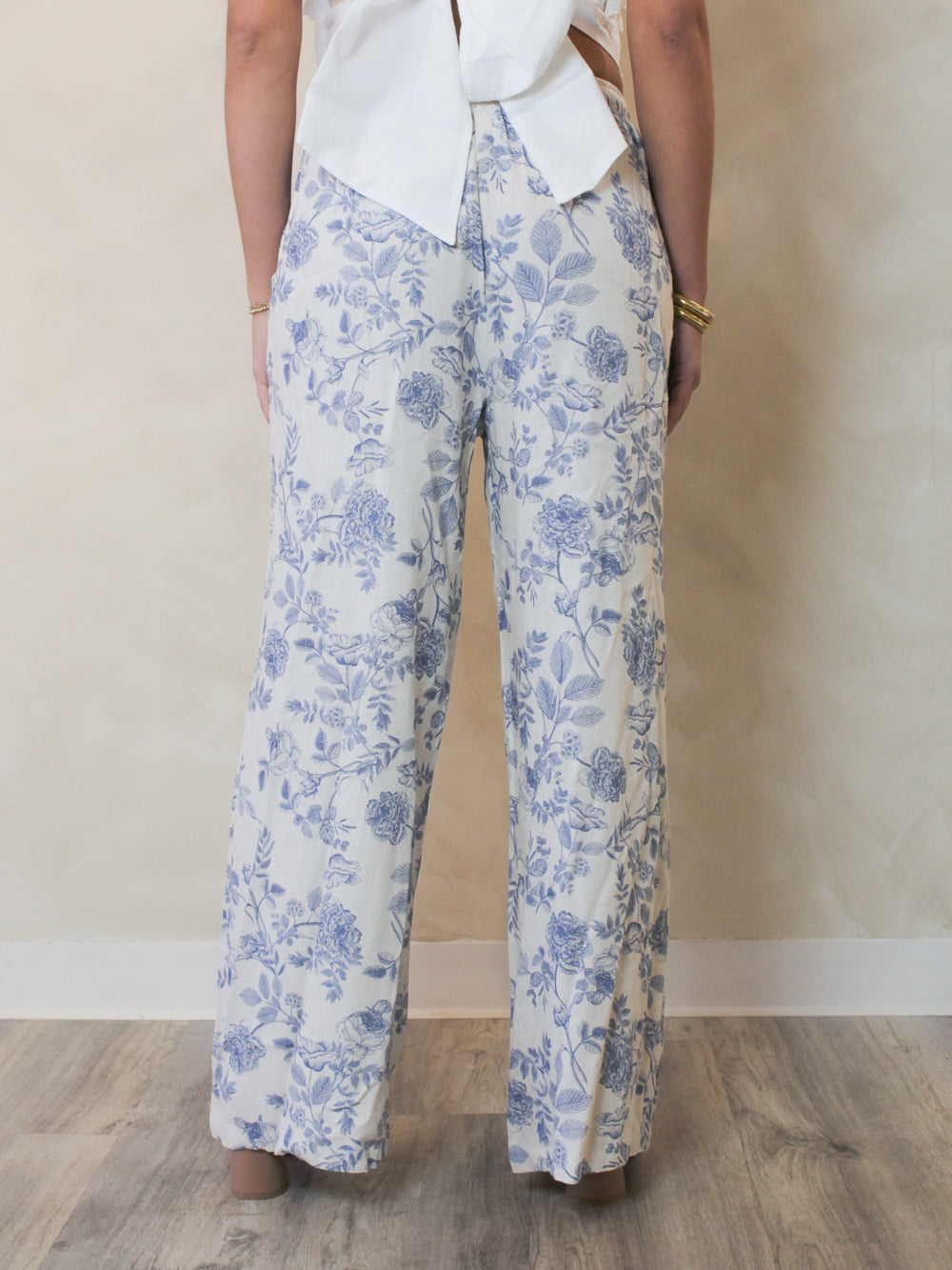 White Linen Wide Leg Pants with Blue Floral Print