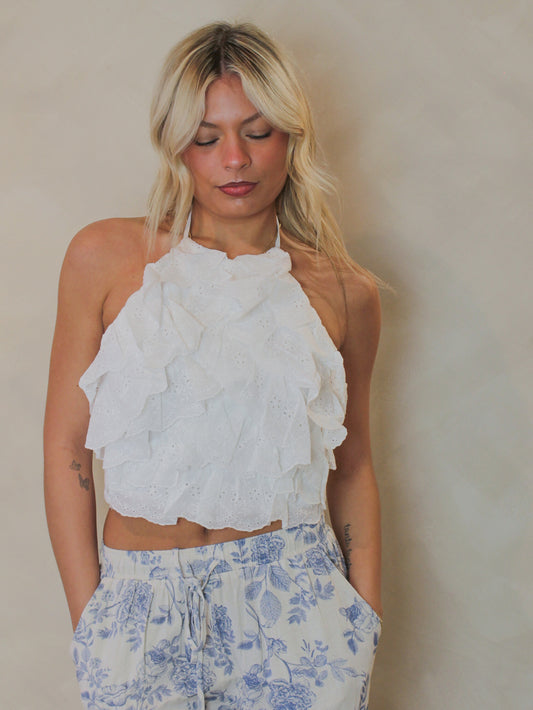White Tiered Eyelet Ruffle Halter Top