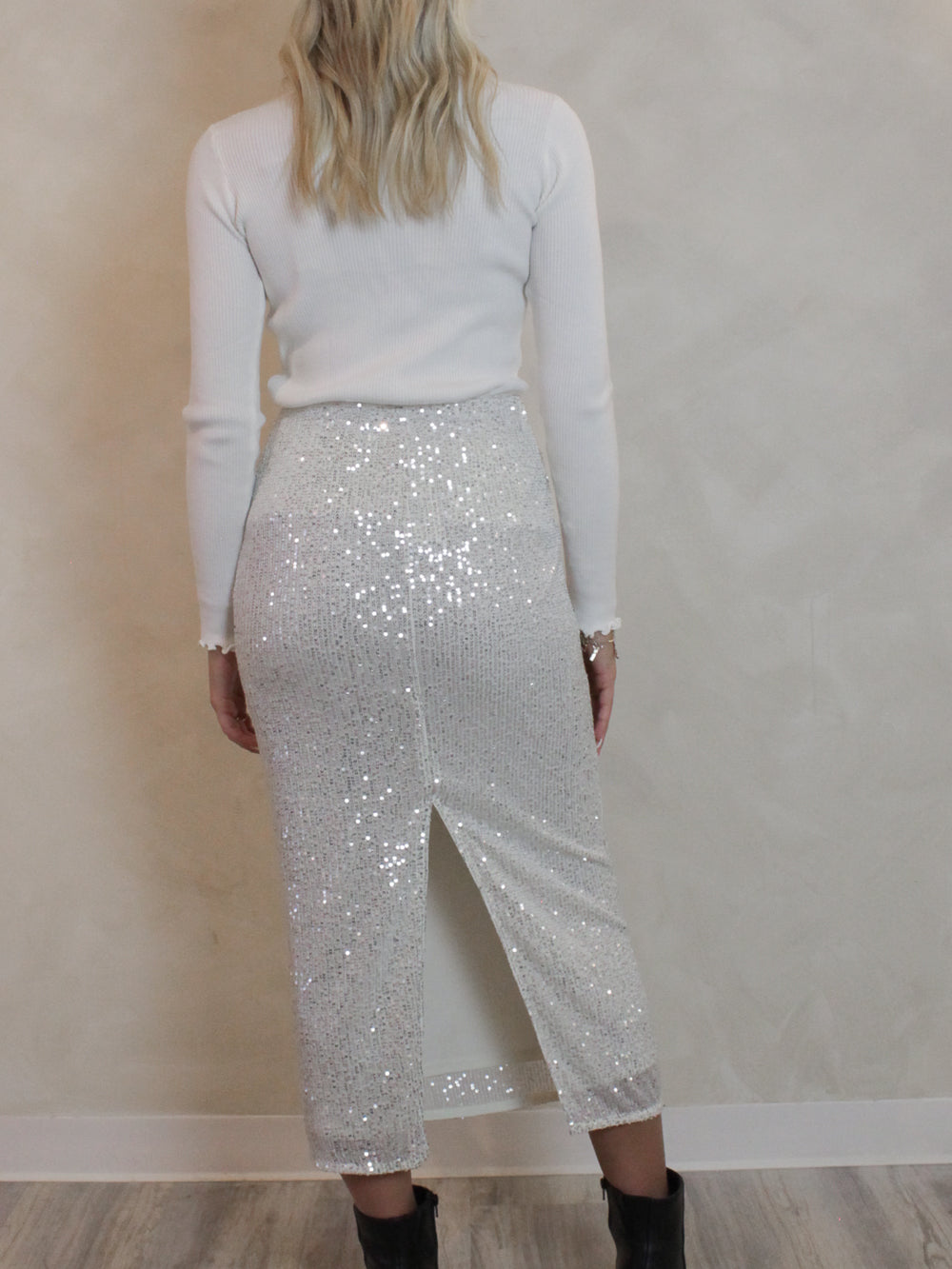 White Midi Skirt with Silver Sequins