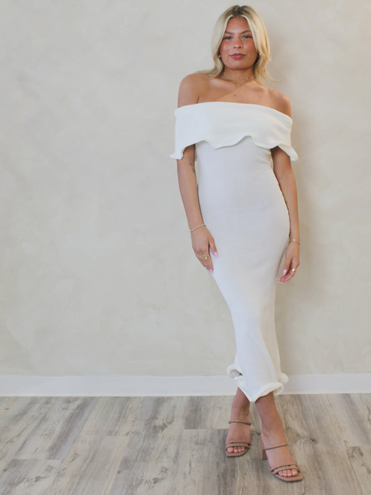 White Off The Shoulder Midi Dress with  Wavy Hem Detail