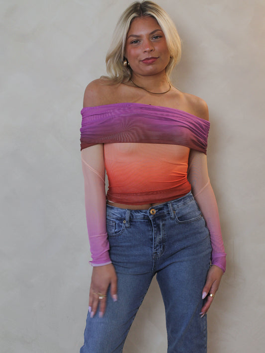 Purple and Orange Ombre Long Sleeve Off The Shoulder Top