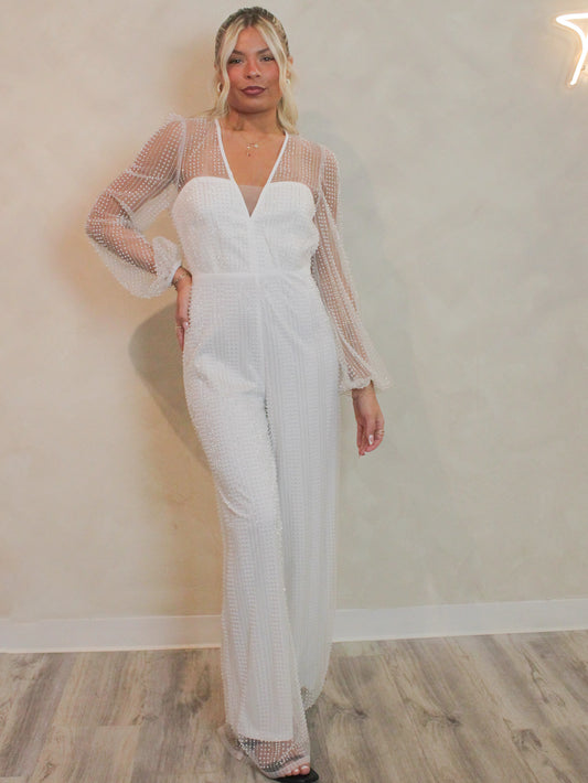 White Beaded Jumpsuit for Brides, Bridal Shower, Bachelorette Party
