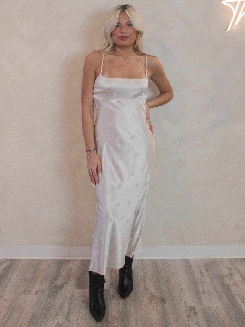 Spaghetti Strap Satin Dress with a Subtle Heart Pattern and Open Back