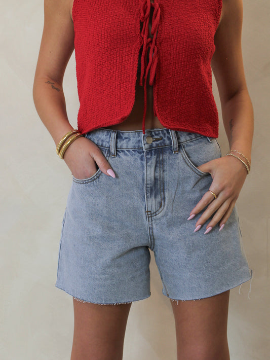 High Rise, Light Wash Denim Shorts with Long Inseam