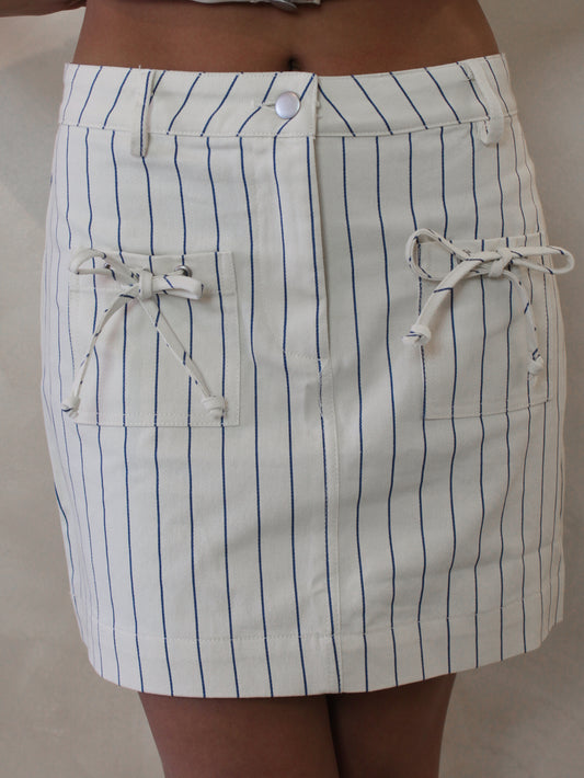 White Denim Skirt with Bow Details