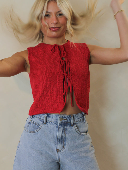 Red Cardigan Vest with Front Tie Details