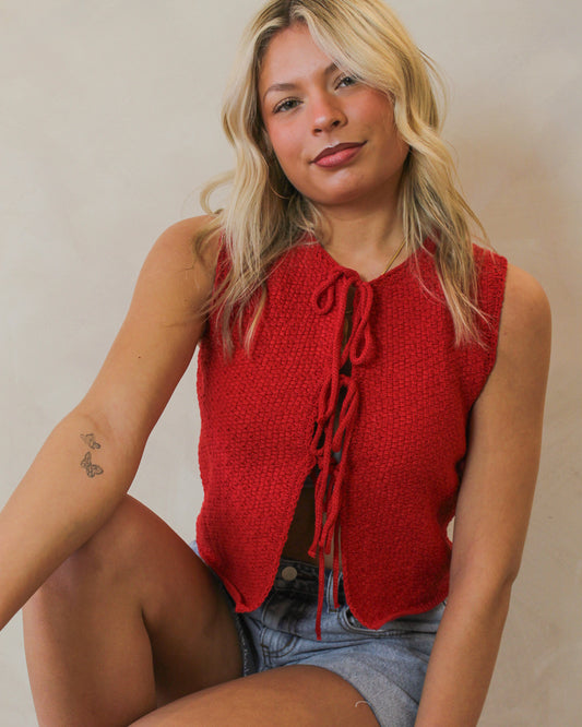 Red Sleeveless Cardigan with Front Tie Details
