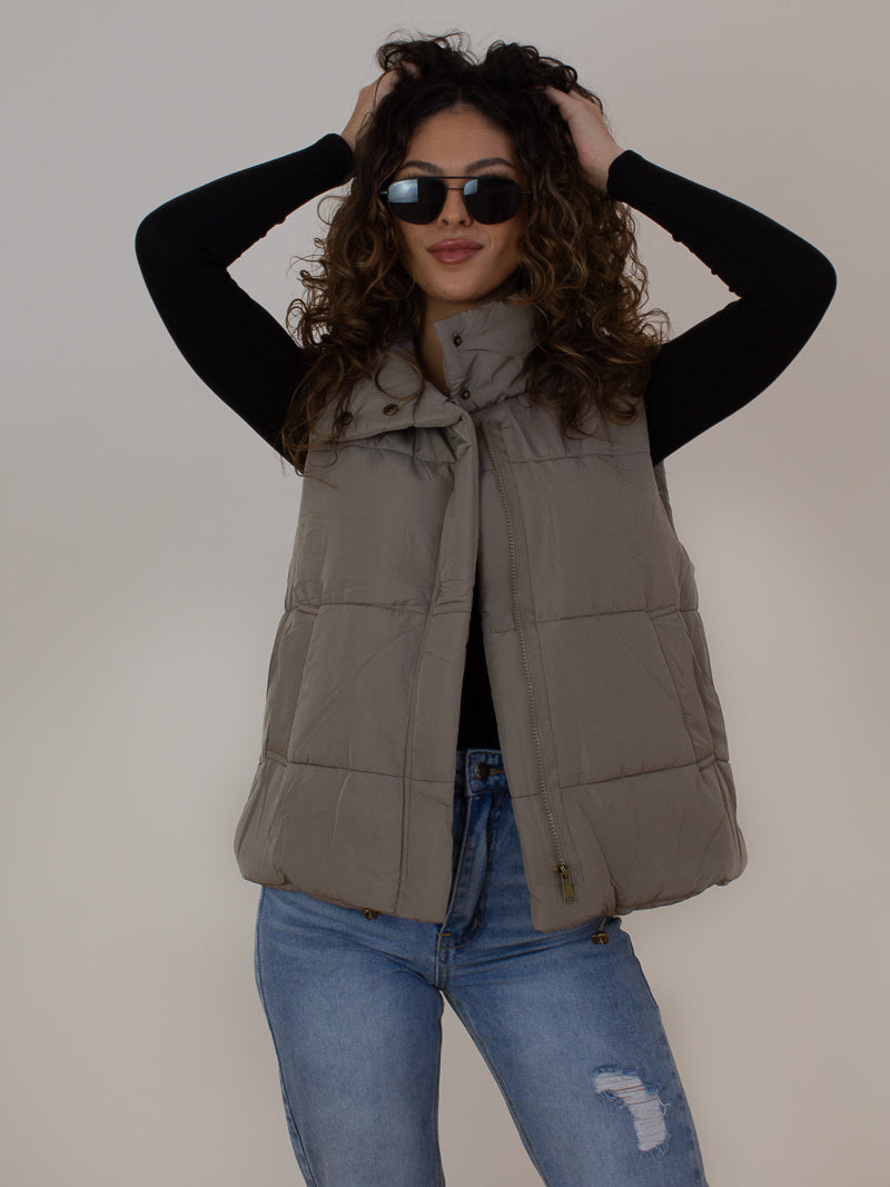 Puffy Vest for Women in a greyish mocha