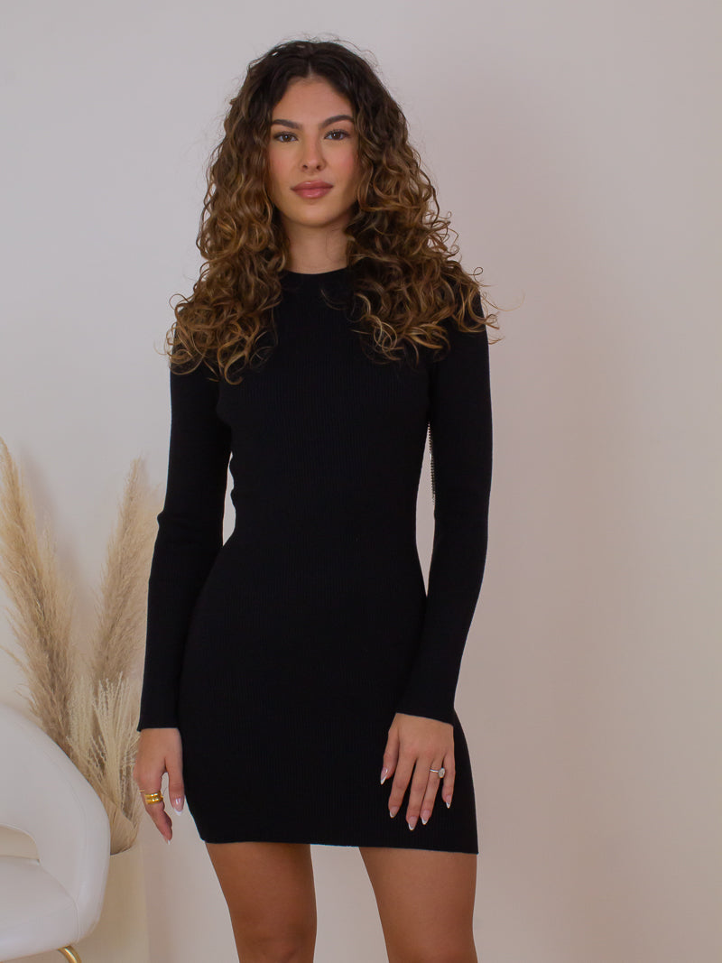 Black Ribbed Sweater Dress - Fringe Back Detail