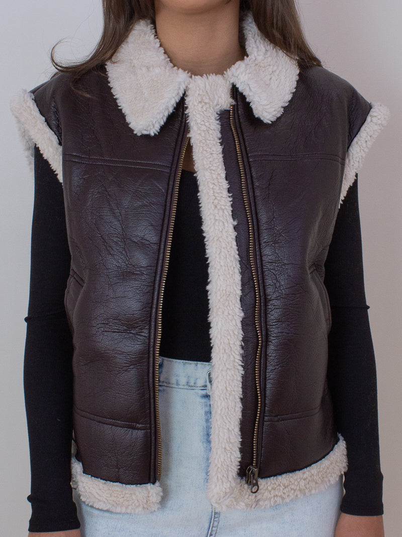 Brown Faux Leather Vest with Faux Shearling Lining 