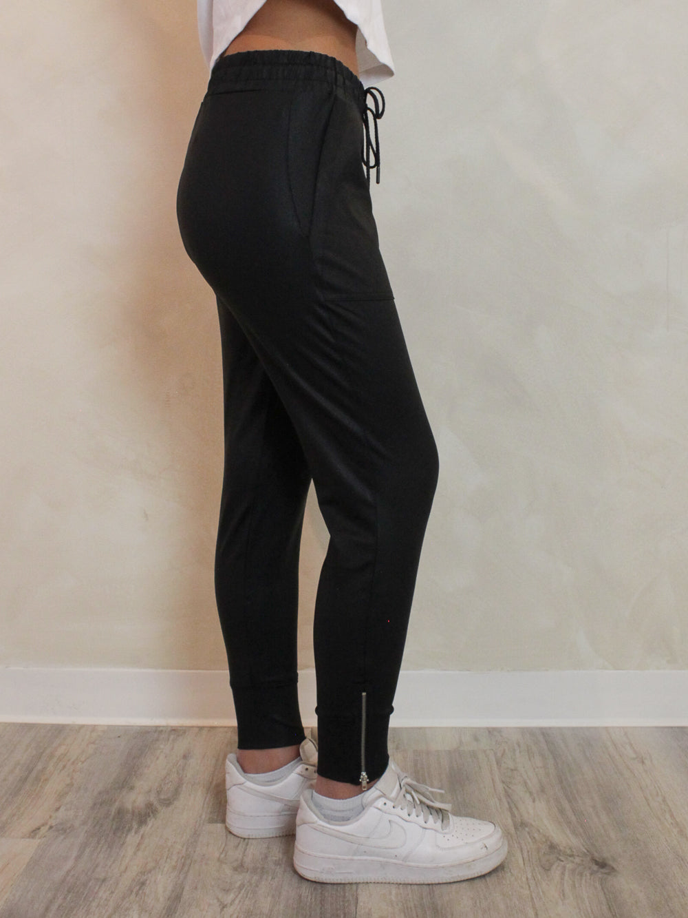 Black Joggers with a Coated Texture
