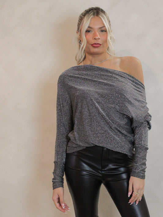 Silver Lurex Off The Shoulder Top