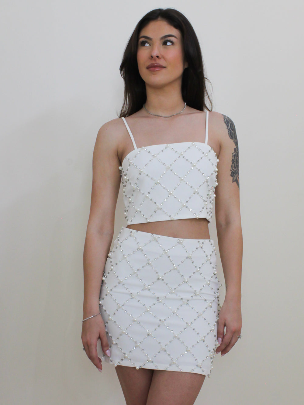 Rhinestone and Pearl Embellished Crop Top & Skirt Set