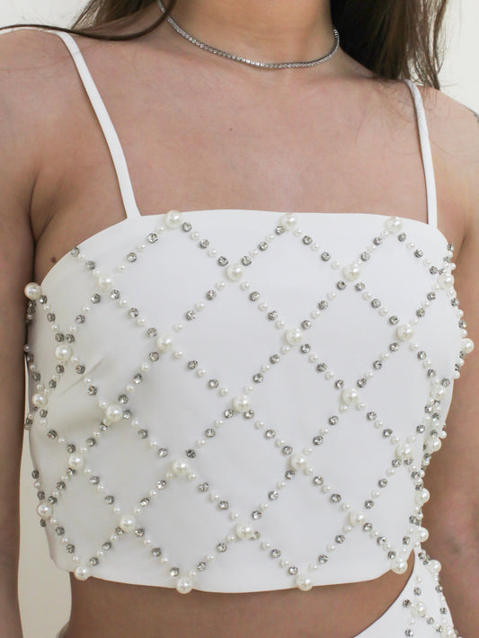 Rhinestone and Pearl Embellished Crop Top