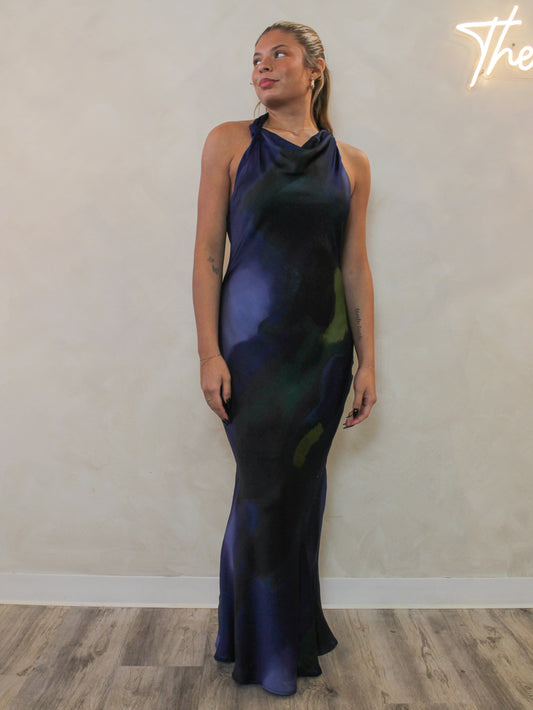 Special occasion navy cowl neck maxi dress.