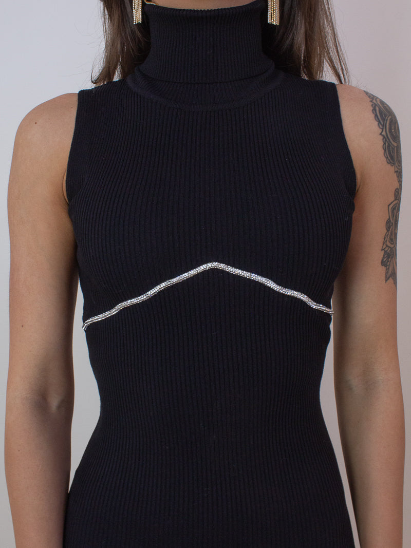 Black Ribbed Turtleneck Dress with Sparkle Detail 