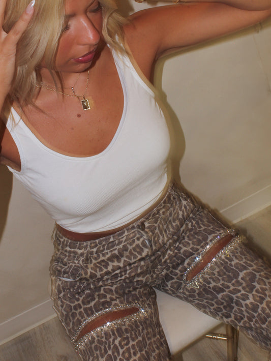 Leopard denim jeans with crystal rhinestone accents