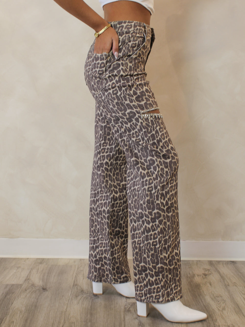 Leopard wide leg jeans with split thigh detail and rhinestone accent - side