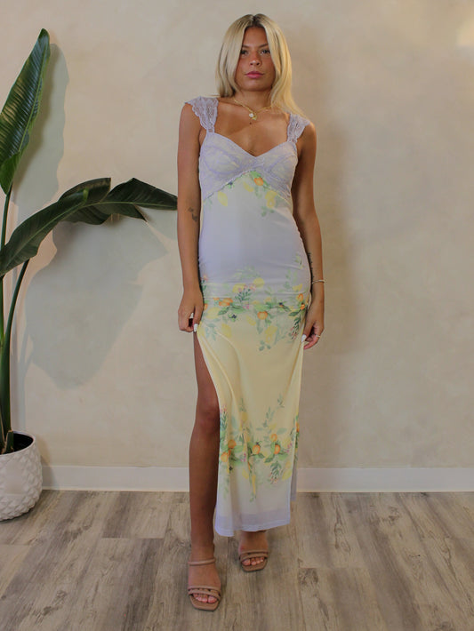 A purple and yellow ombre mesh maxi dress with a lemon pattern for sweet summer days