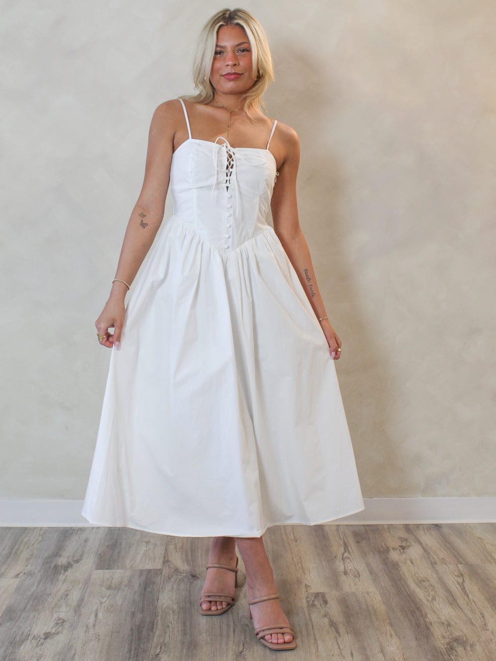 Feminine White Fit and Flare Midi Dress for Summer and Brides