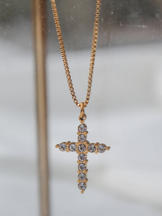 Gold Cross Necklace with Clear CZ Stones
