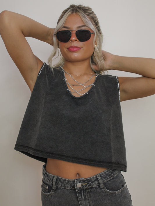 Washed Out Black Muscle Tank with Crystal Accents