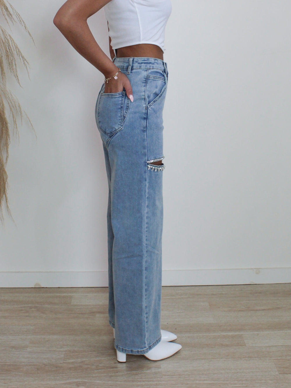 Comfy, Soft, Wide leg denim with crystal accents