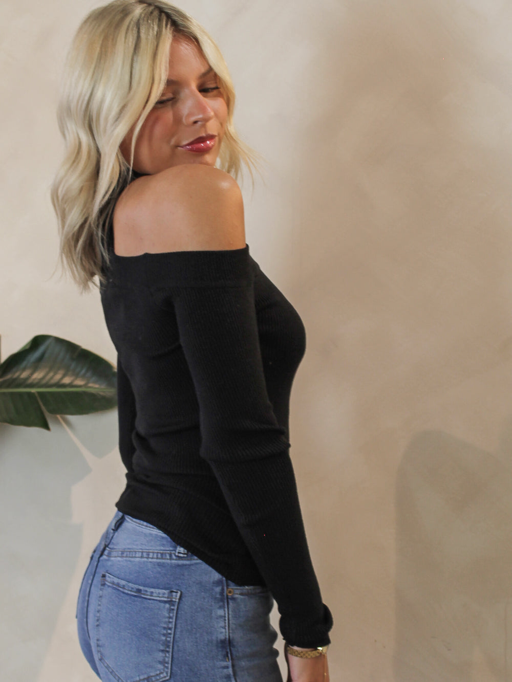 Black open shoulder ribbed sweater