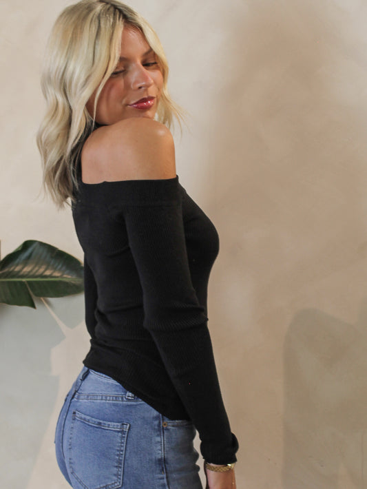 Black open shoulder ribbed sweater