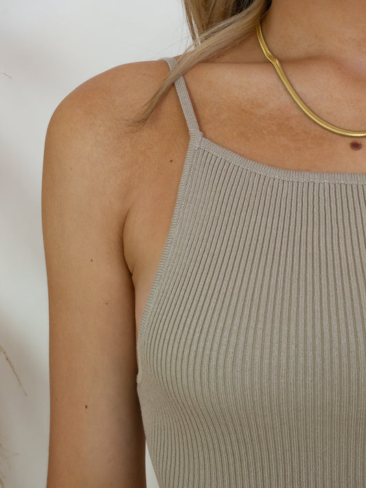 Tan, ribbed maxi dress