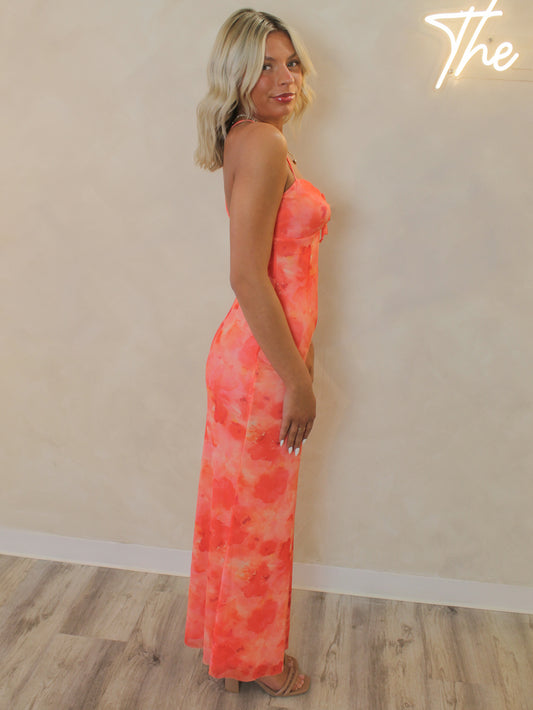 Orange Tropical Floral Mesh Maxi Dress