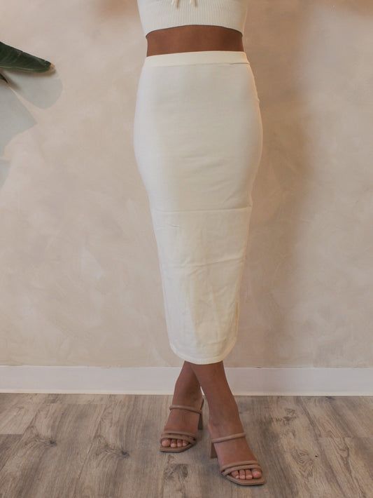 Butter yellow, fitted, light weight knit maxi skirt