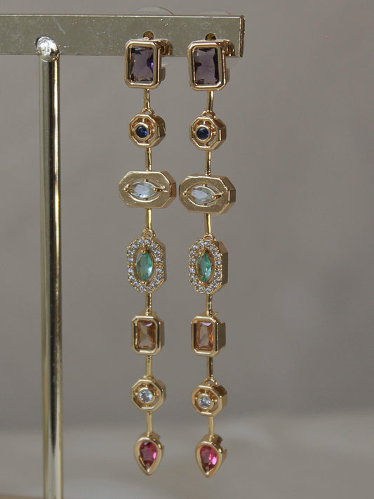 Gold drop earrings with multicolored gemstones