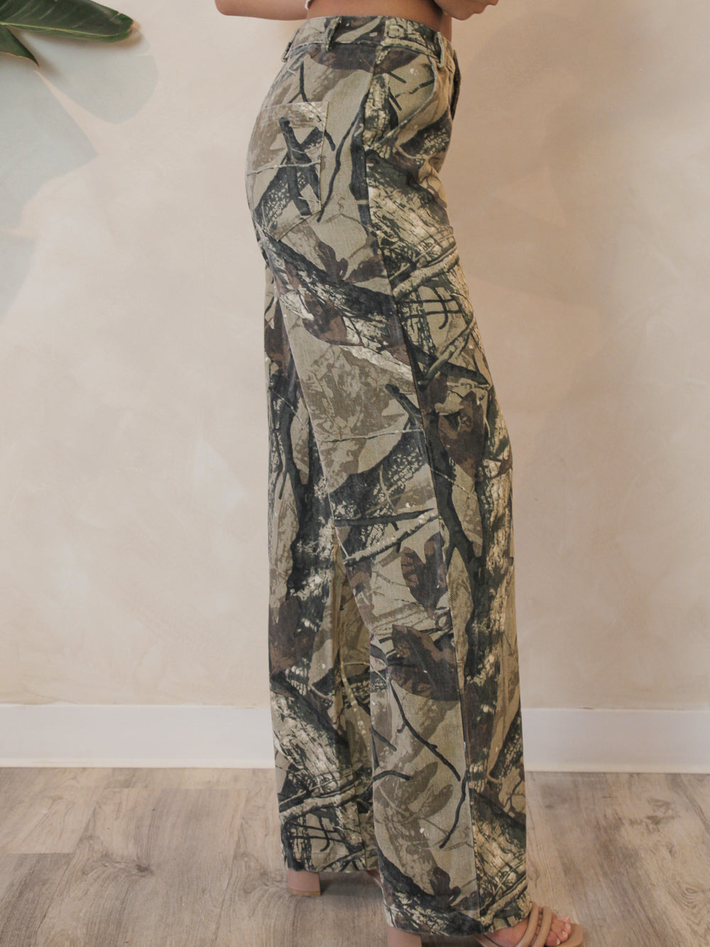 Wide leg, camo print denim pants for woman