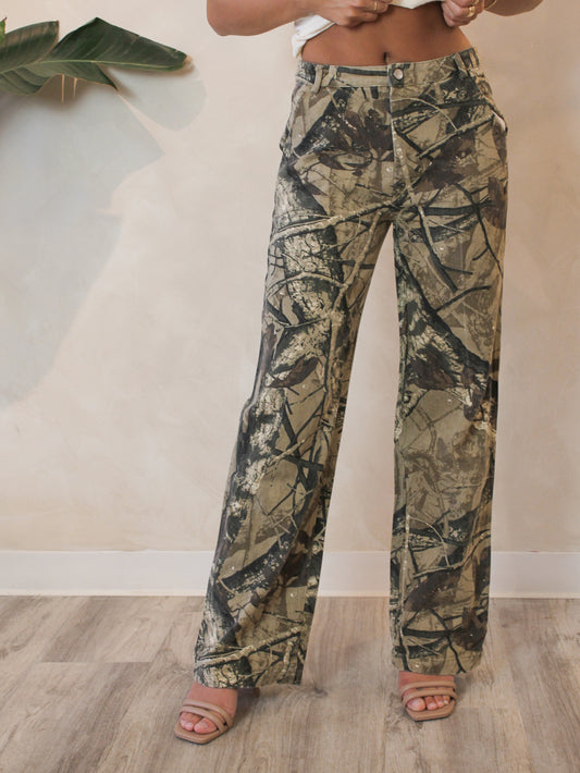 Wooded camo, wide leg twill pants for woman