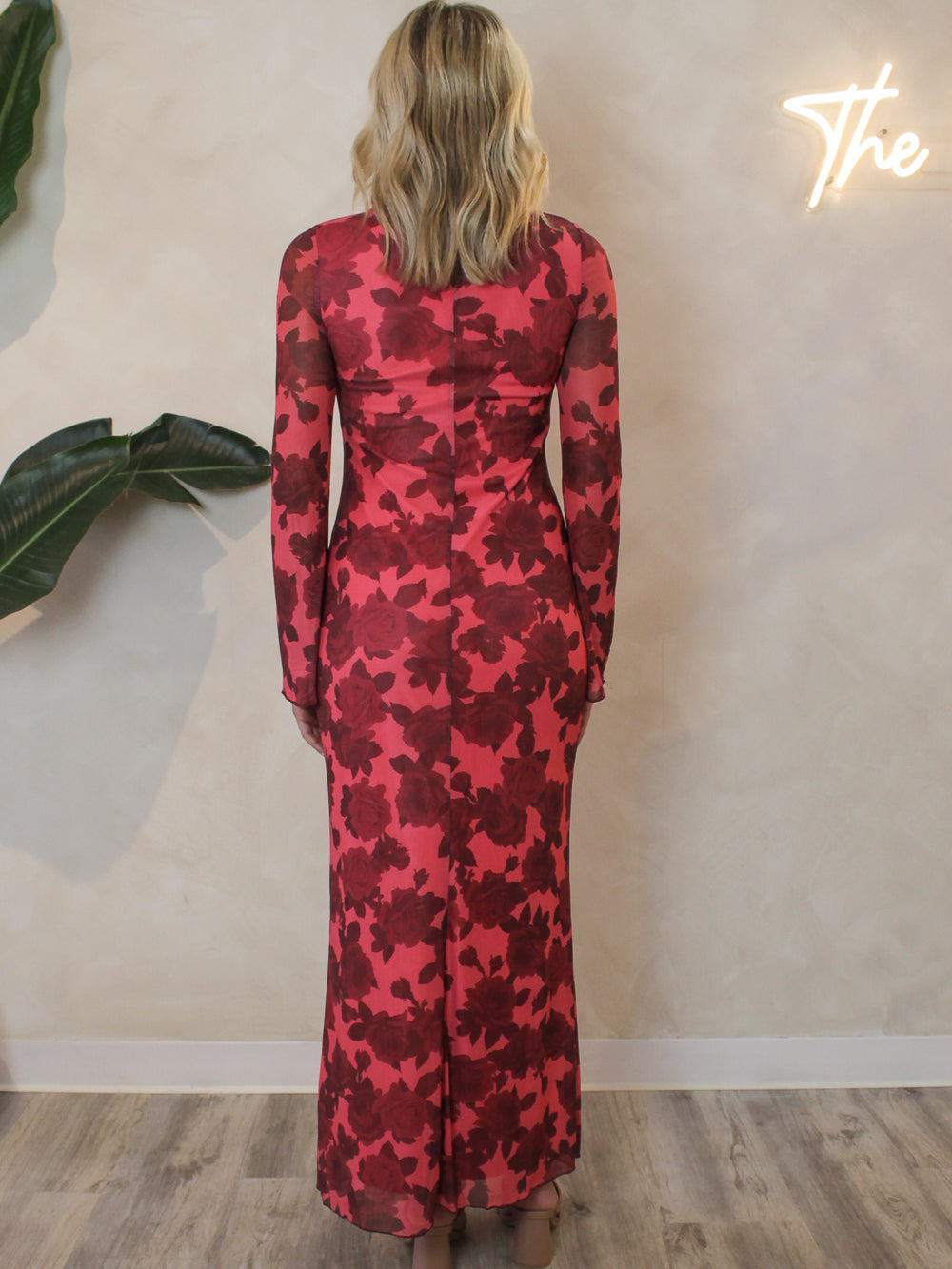 Red floral print maxi dress with long sleeves