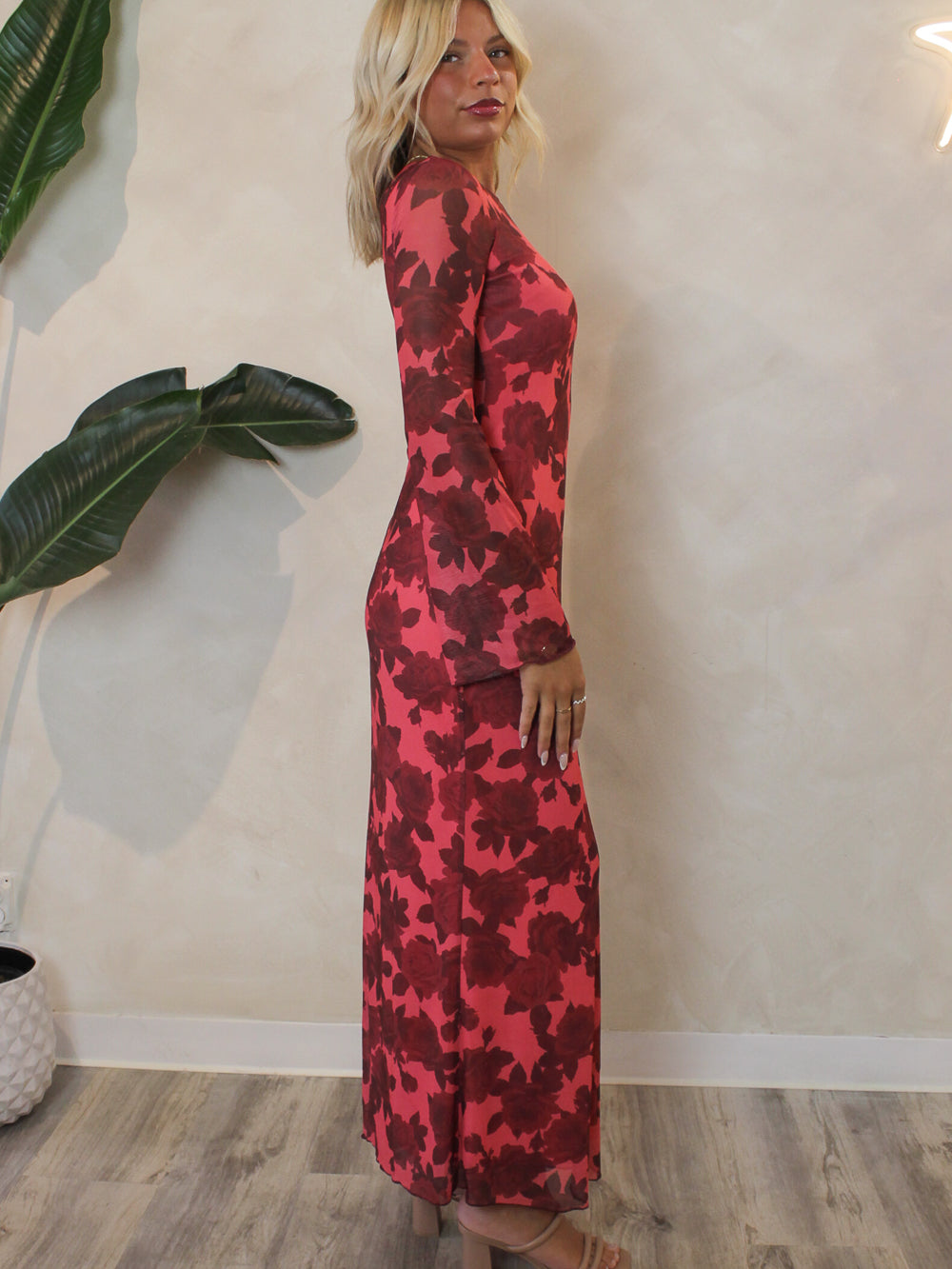 Red rose maxi dress made of mesh fabric with long sleeves
