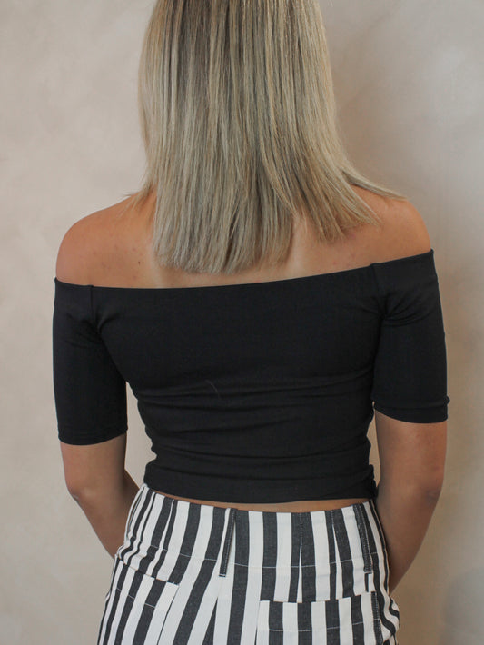 back view of a black off the shoulder top for women