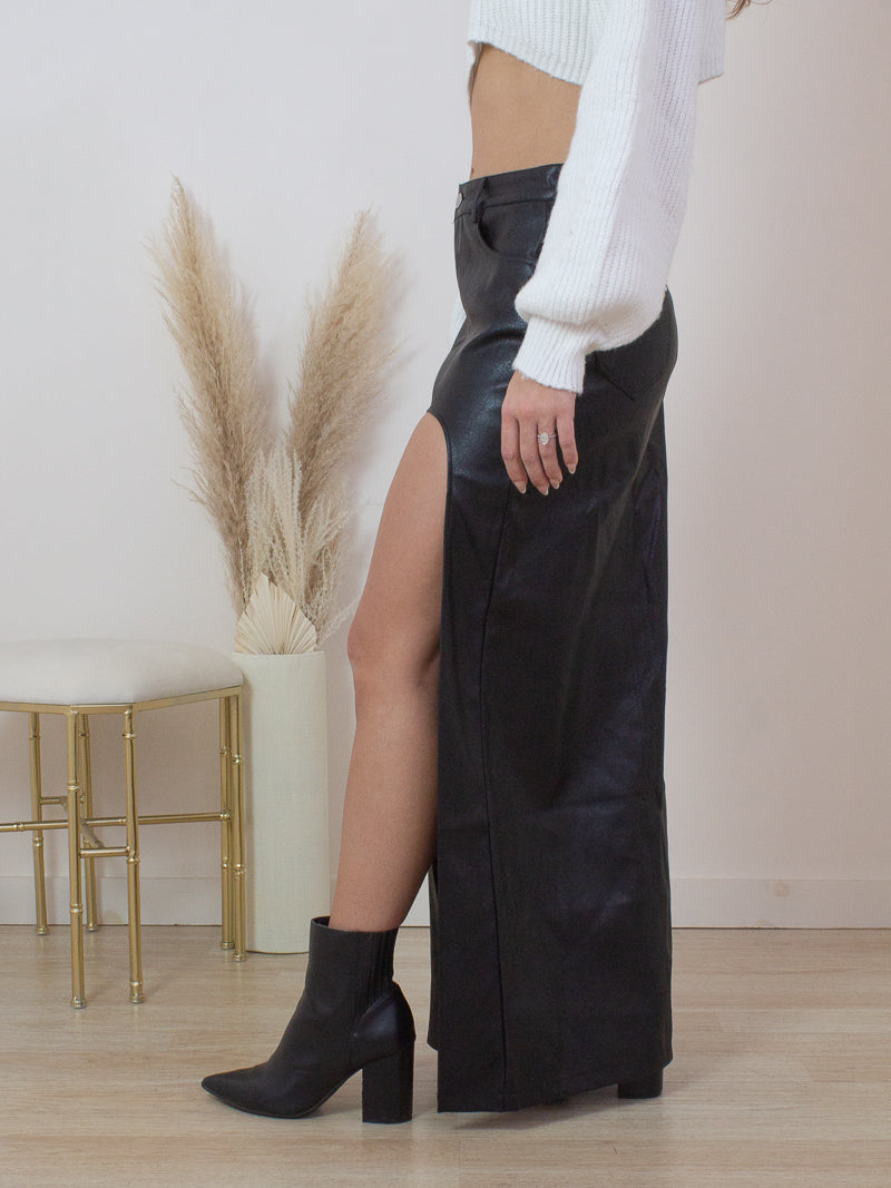 Faux Leather Skirt With Slit in Black