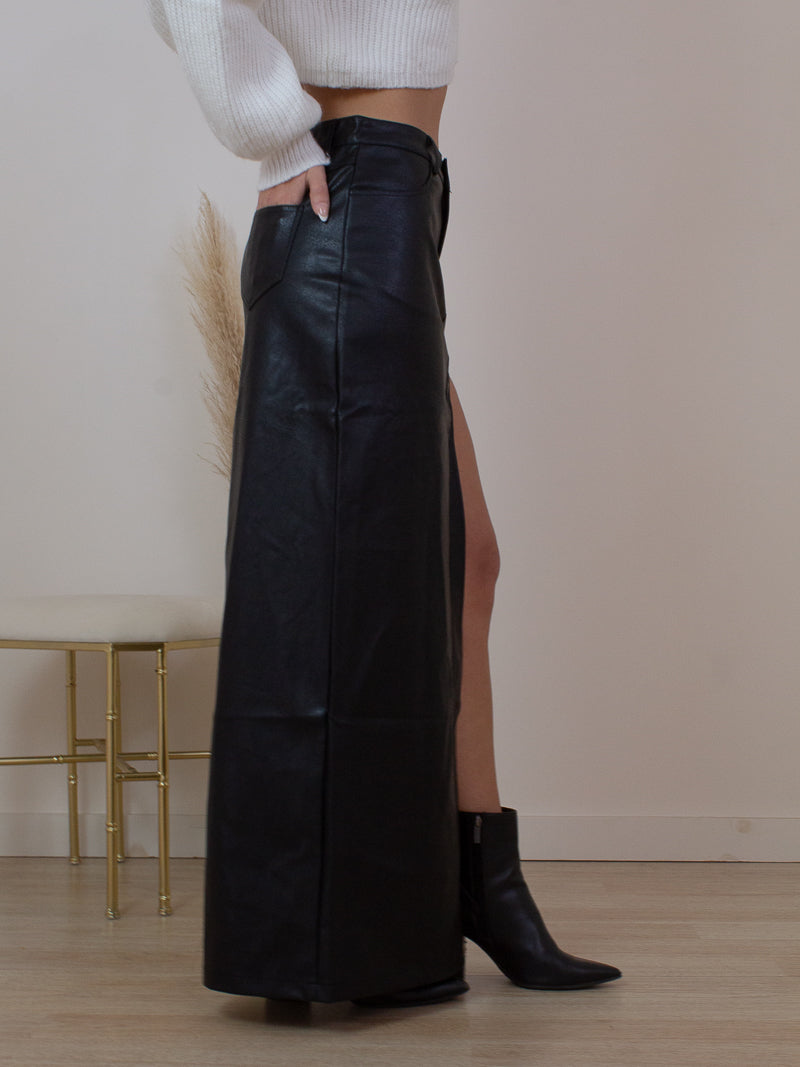 Faux Leather Maxi Skirt With Front Slit