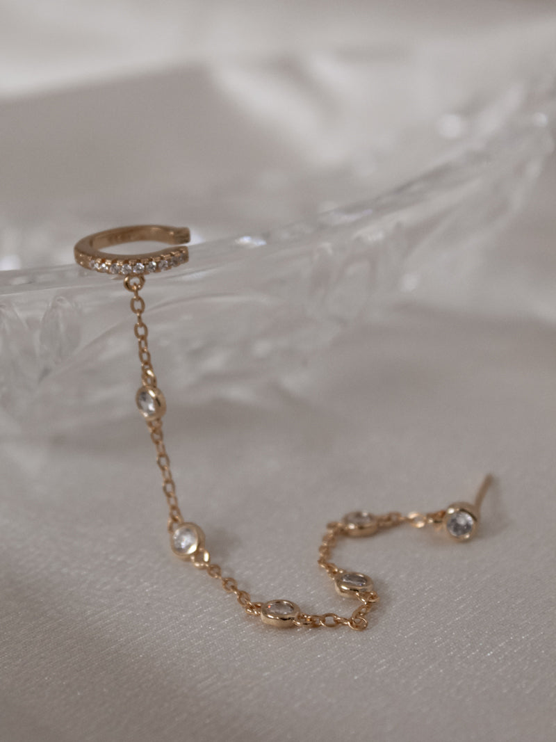 Gold Ear Cuff with Gold Chain and Stud Earring