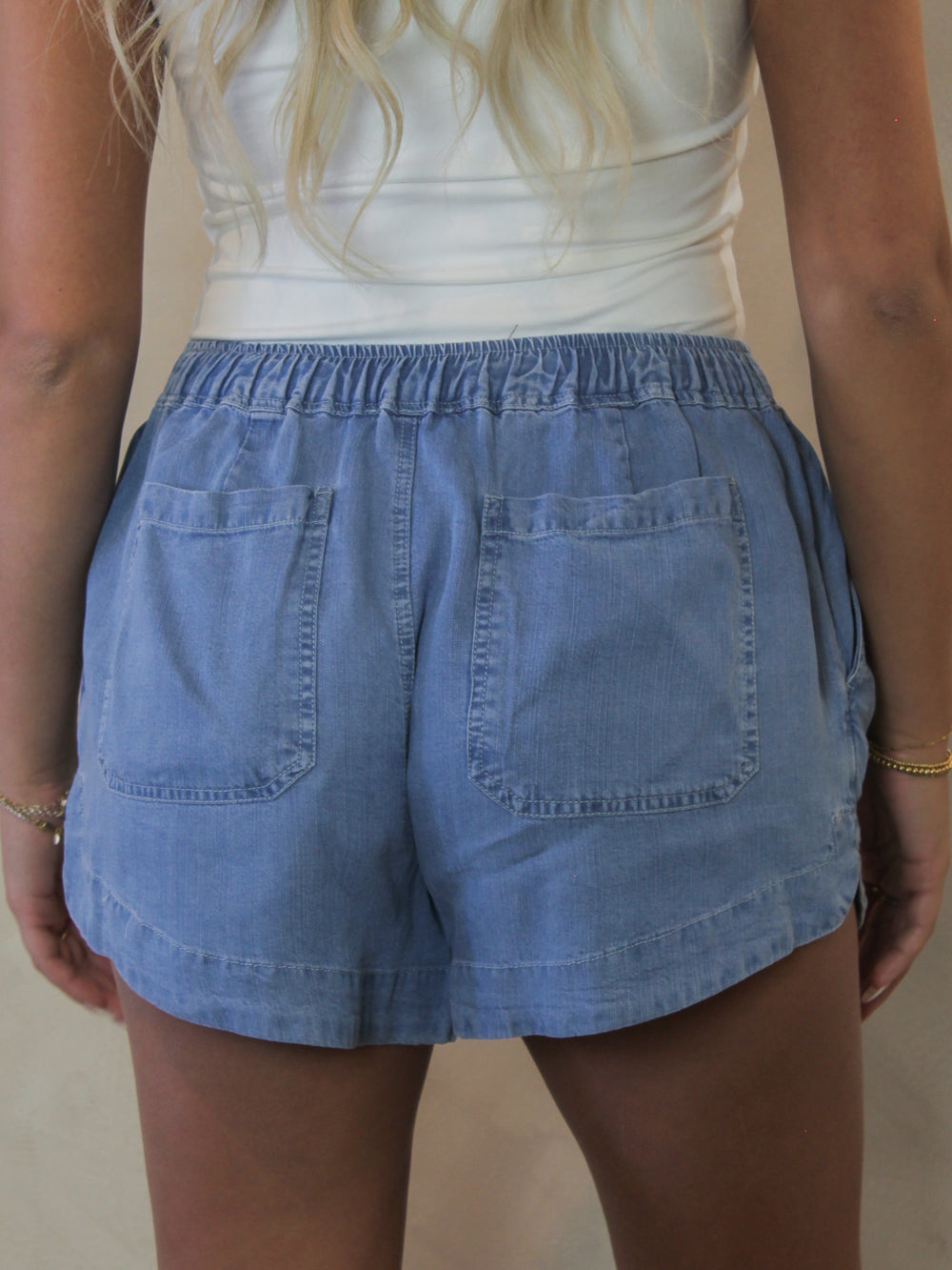 Back view of chambray denim shorts