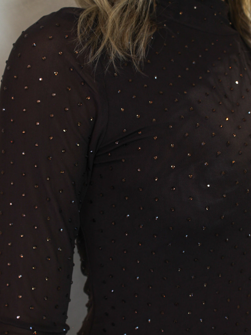 Chocolate brown mesh top with sparkle embellishments