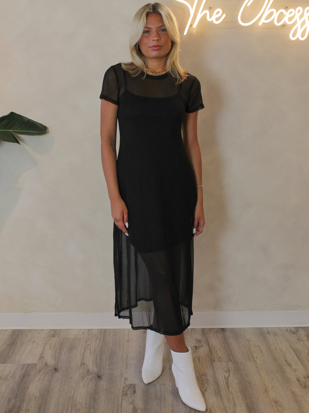 Steve Madden Nola black mesh midi dress with sheer overlay, perfect for going out, concerts, or edgy summer nights.