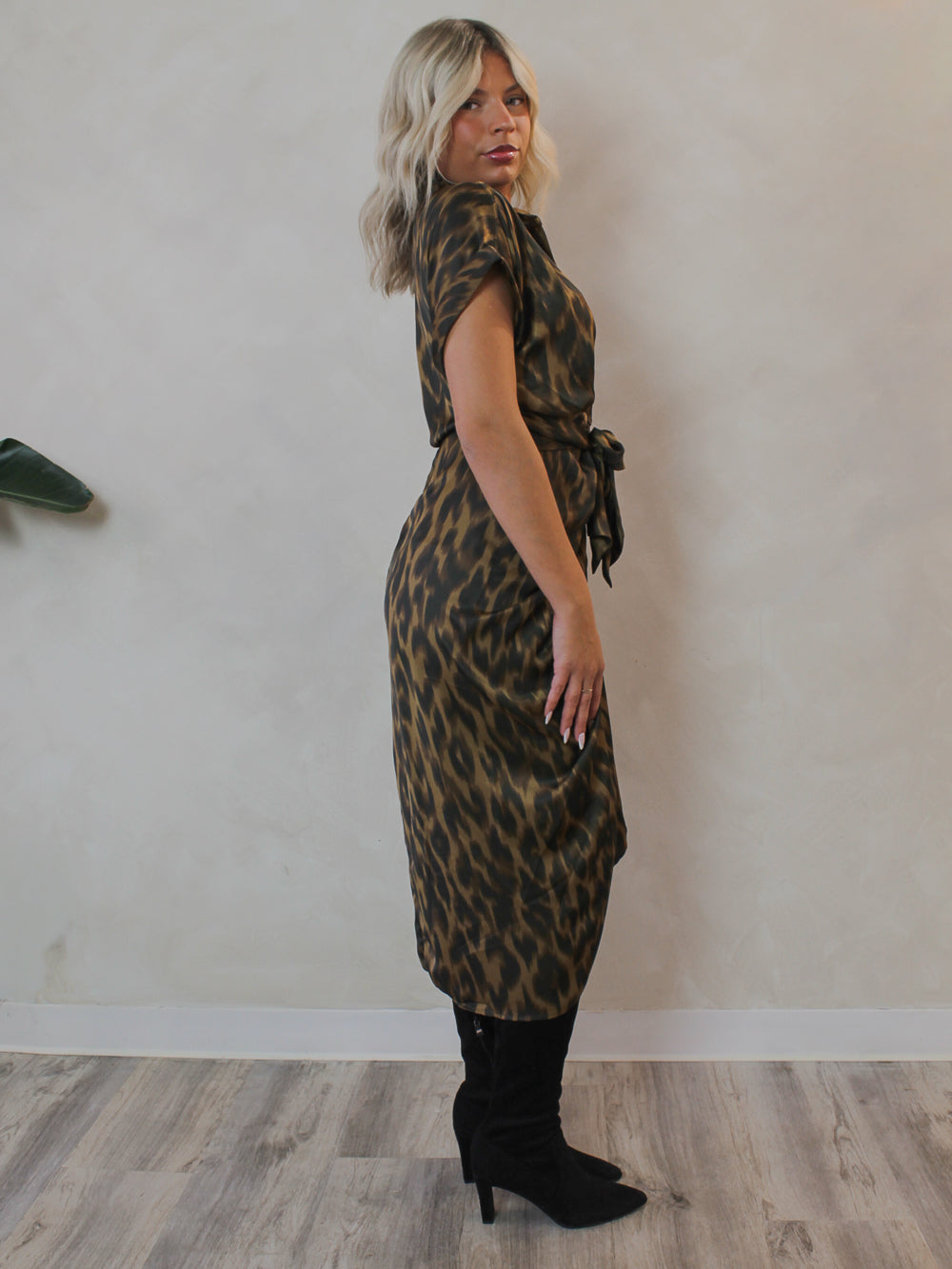Short sleeve, silky, satin midi dress with a leopard print by Steve Madden