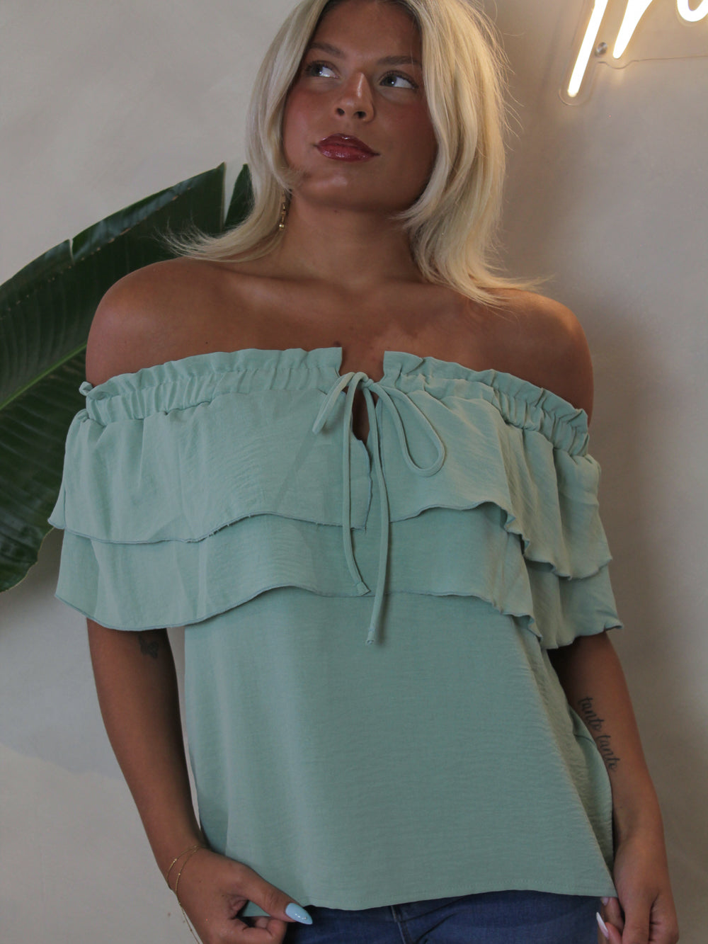 DAY DREAMER SAGE OFF THE SHOULDER TOP