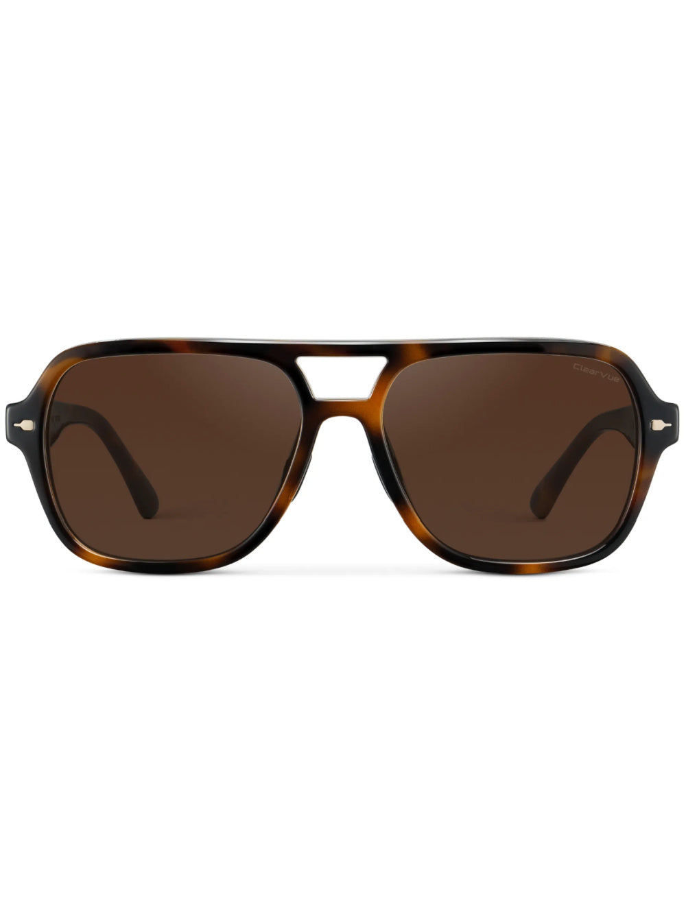 Sunglasses with tortoiseshell frame and brown lenses.
