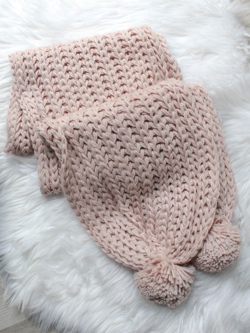 Chunky Knit Pom Scarf - Pink