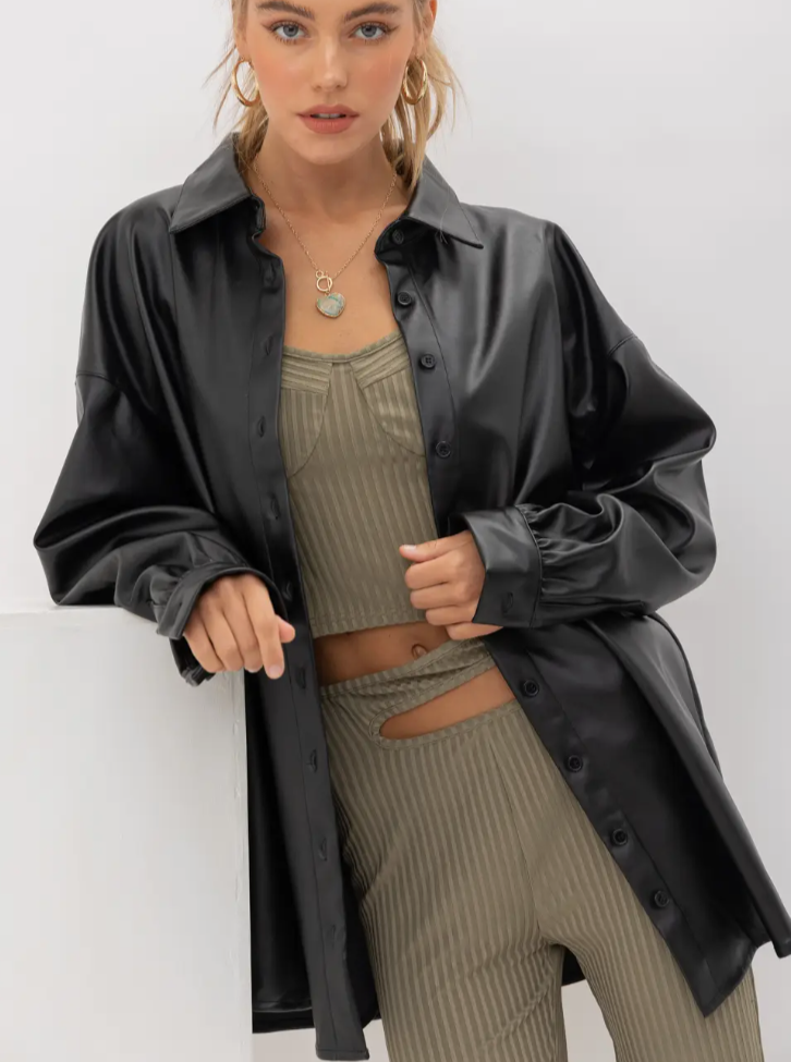 black faux leather button up top