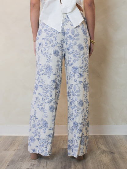 White Linen Wide Leg Pants with Blue Floral Print